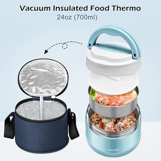 MAXSO Food Jar for Hot Food - 24 OZ Soup Thermo for Adults Vacuum Insulated Lunch Containers with Foldable Spoon & Thermal Bag, Wide Mouth Leakproof Bento Box - Blue