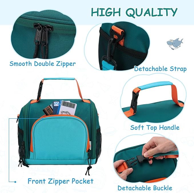 VASCHY Lunch Bag for Kids, Boys Cute Reusable Insulated Large Lunch Box Container for Children Daycare School Kindergarten Preschool Green