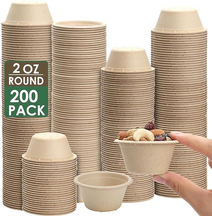 2 oz Compostable Portion Cups,200 Pack Disposable Souffle Cups,Biodegradable Condiment Cups,Bagasse Fiber Sample Portion Cups,Sample Cups Tasting Cups for Jello Shot,Souffle,Condiment,Sauce (Natural)