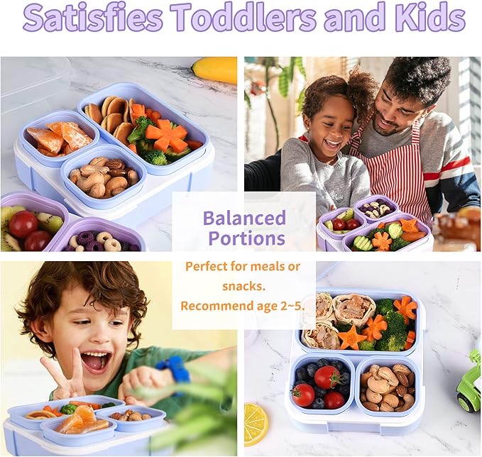 Genteen Small Kids Snack Containers for School 3 Compartment Travel Snack Containers with Dividers Portion Control Lunch box for Kids with Leak-proof Lids BPA Free (Purple + Blue)
