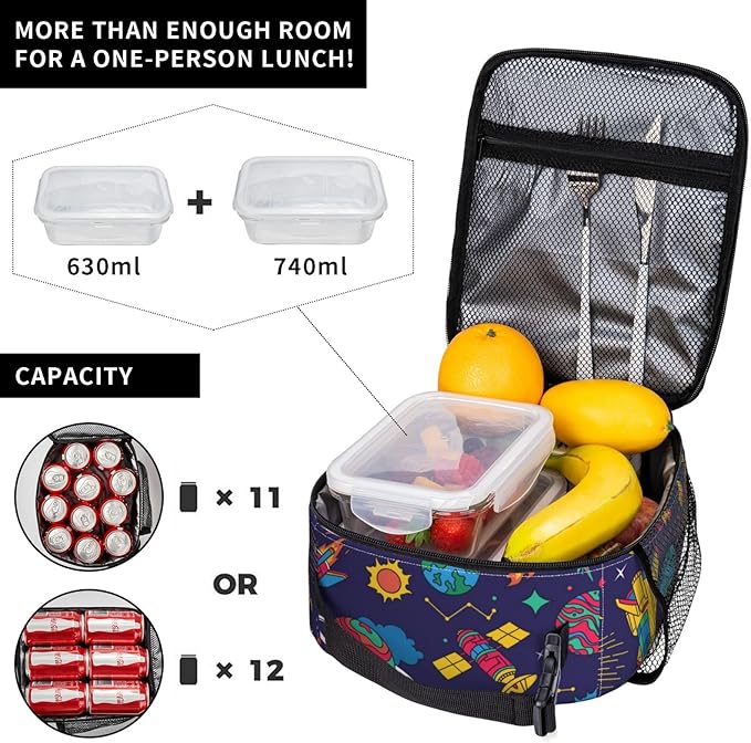 Insulated Lunch Box for Boys Girls Kids Adults Space Lunch Box for Work,Picnic,School,Travel,Hiking,Beach or Fishing Polyester Colorful Spaceship Space Theme Lunch Bag