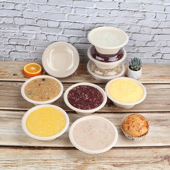 16 oz Round Disposable salad bowls with lids, Sugarcane Fiber Paper Bowls take away food containers Plant Fibers Freezer Safe 50 Pack