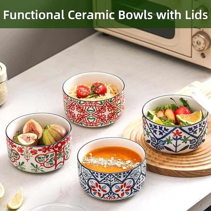 Ceramic Bowl with Lid: Microwave Safe Soup Containers Set of 4 for Meal Prep, Cereal, Salad, Picnic, Camping, Office Lunch, Kitchen Food Storage - 5 Inch, 20 oz, Design A