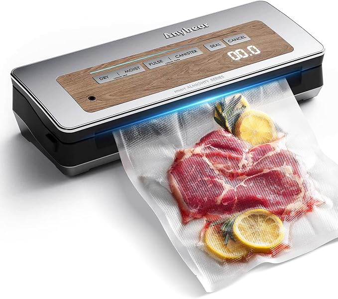 Vacuum Sealer Machine, 90kPa 120W Wide Seal All-IN-1 Powerful Food Storage, Build-in Cutter | Bags Storage | Digital Countdown Display | 2 Bag Rolls and 5pcs Pre-cut Bags (Silver Wood Grain)