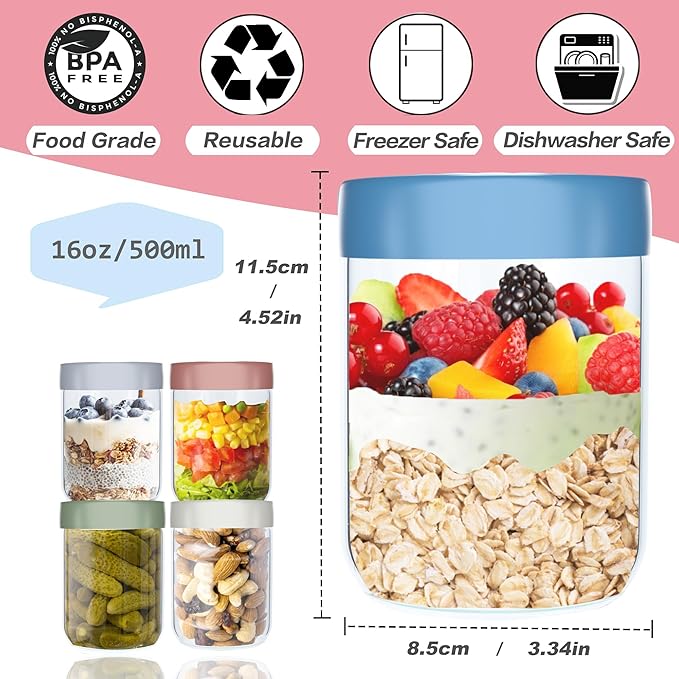 6 Pack 16Oz Glass Jars with Lids, Overnight Oat Jar with Lid, Wide Mouth Mason Jar Airtight Glass Food Storage Containers for Snacks Salad Fruit Yogurt Cereal Meal Prep Leak Proof