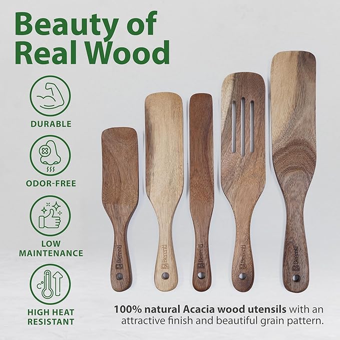 5 Pcs Wooden Spurtle Set - 100% Natural Acacia Wood Cooking Utensils Set - Safe for Nonstick Cookware - Stirs Like a Spoon, Flips Like A Spatula - Spurtles Kitchen Tools Wooden As Seen On TV Paddle