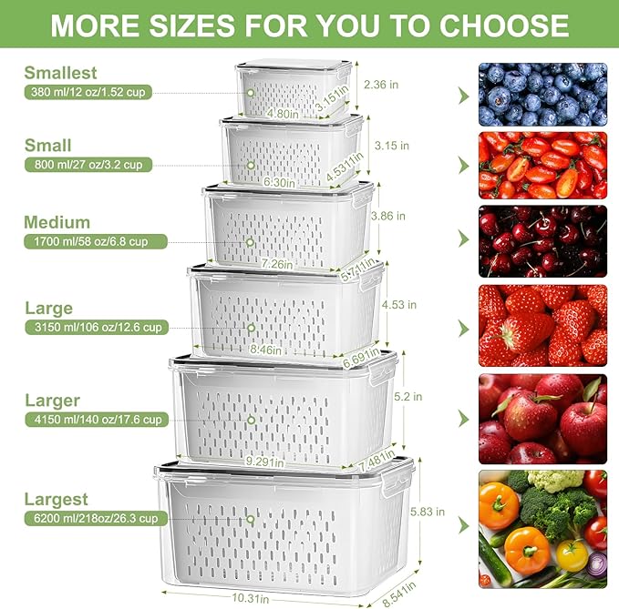 6 Pcs Large Fruit Containers for Fridge, Airtight Food Storage Containers with Removable Colander, Dishwasher and Microwave Safe, Berry Produce Container Keep Fruits, Vegetables, Meat Fresh Longer