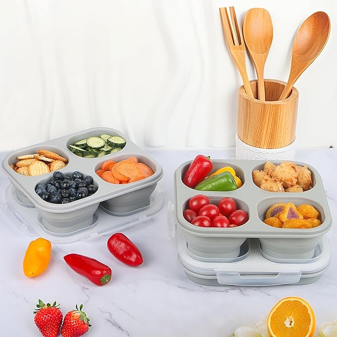 Collapsible Silicone Food Storage Container, 2PCS 4-Compartment Snack Containers Portion Control with Clip-on Lid, Stackable, Space Saving, Microwave/Fridge/Freezer/Dishwasher Safe (2)