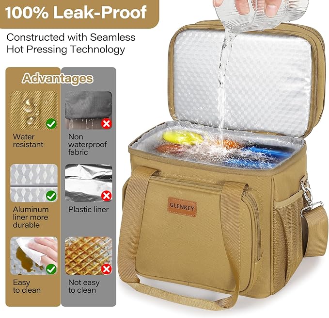 GLENKEY Expandable Large Lunch Box, Insulated Heavy Duty Lunch Bag Waterproof Leakproof Durable Cooler Bag for Men Women Adults Work Construction Camping Trip, 16L, Brown