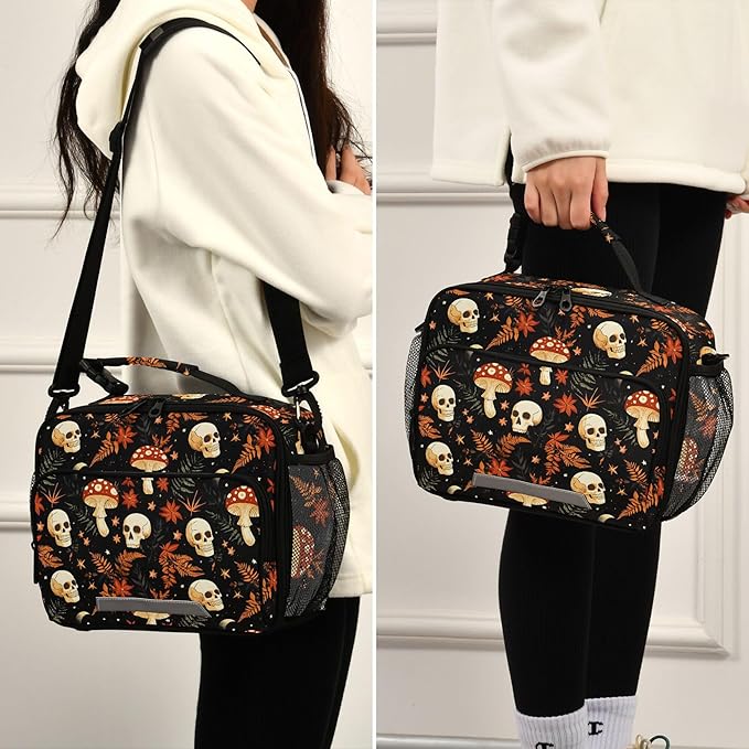 MNSRUU Student Lunch Bag Mushrooms Skull Insulated DinnerTotes Picnic Bag Lunch Box with Adjustable Shoulder Strap for Teen Kids Adults