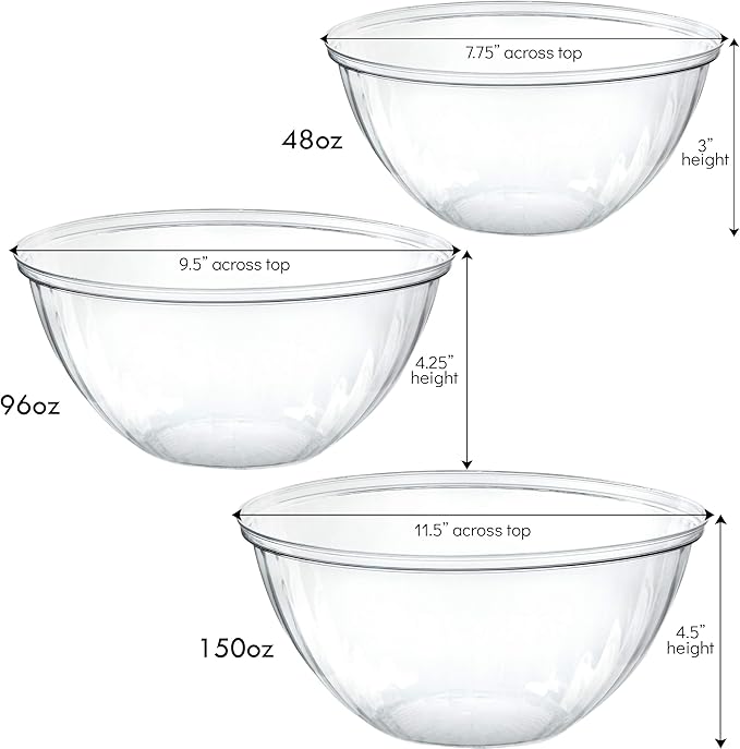 PLASTICPRO Disposable Combo Set of Salad Bowl With Lids Includes 4, 48 Ounce 4, 96 oz 4, 150 Ounce Round Crystal Clear Plastic Serving Bowl