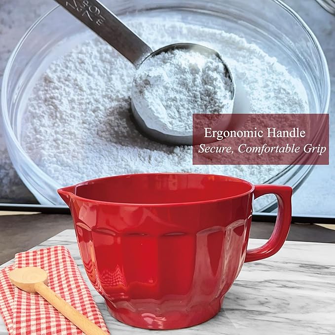 UPware Latte Style Melamine Batter Bowl with Pour Spout, Handle and Non-Slip Base, Grip Handle for Easy Mix and Pour, Home Essentials Cooking and Baking Tools, 4.3 quart, 11.5 x 8.75 Inch, Red