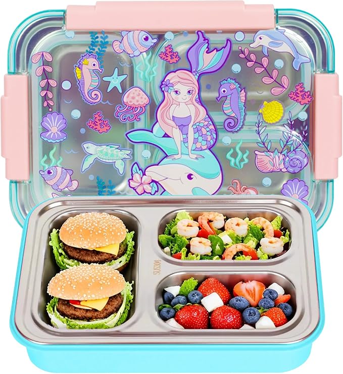 Stainless Steel Bento Lunch Box for Kids, 710ml/23.5oz BPA-Free Leak-Proof Food Containers with 3 Compartments, Back to School Students Daycare Lunches Snack Container Size for Ages 3-7