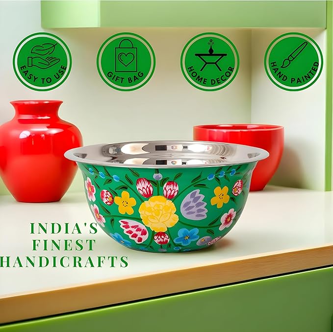Large Hand Painted Stainless Steel Fruit Bowl - Decorative Floral for Salad Mixing and Serving - Traditional Kashmiri Art for Home Decor (Green.)