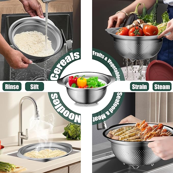 Mixing Bowls with Airtight Lids Set, 4 Stainless Steel Bowls Nesting Bowls & Colander, Kitchen Organizers and Storage Non-Slip Bottom, Size 1.5/2.0/2.5/4.0QT, Great for Mixing & Serving, Black