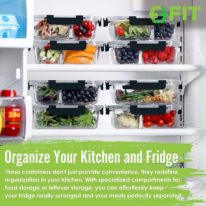 FIT Strong & Healthy Meal Prep Containers Glass, 1 & 2 & 3 Compartments – Glass Bento Box Adult Lunch Box, Glass Containers Meal Prep with Lids, Glass Container with Compartments, 35 oz, Black, 3 Pack