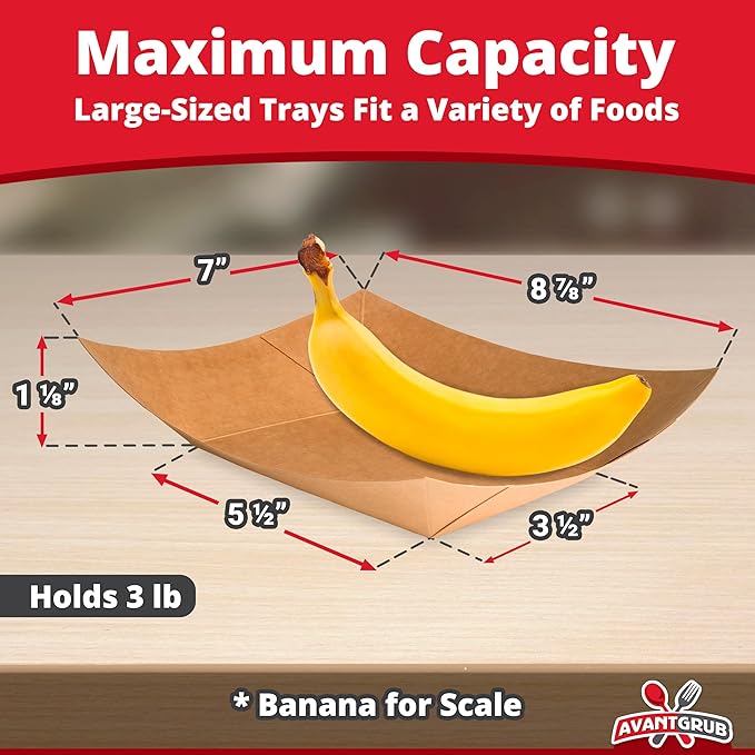 Eco Friendly, USA-Made 3lb Food Holder Trays 50 Pack. Compostable Kraft Paper Container for Diners, Concession Stands or Camping. Best Sturdy 3 Lb Disposable Party Snack Boat for Nachos, Tacos or BBQ