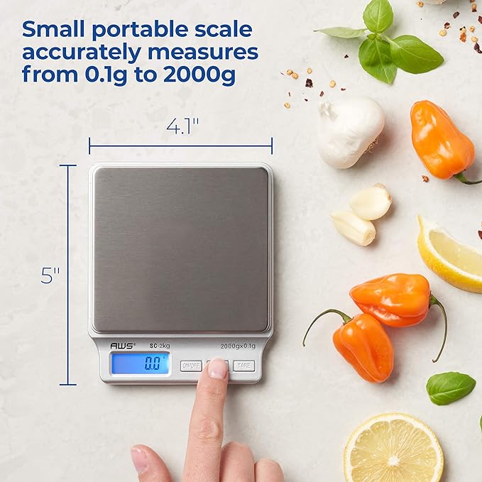 American Weigh Scales SC Series Precision Digital Kitchen Weight Scale, Food Measuring Scale, 2kg x 0.1g (Silver), AMW-SC-2KG