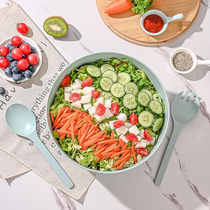 Bamboo Fiber Salad Bowl with Servers Set Large 9.8inches Nature Bamboo Mixing Bowl with Servers with Lid Spoon and Fork for Fruits,Salads and Vegetables