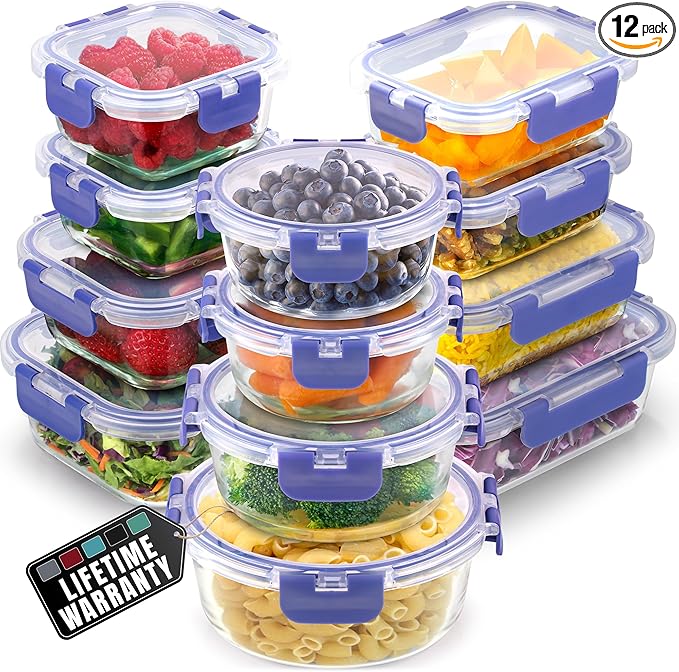 Zulay Kitchen 12 Pack Glass Meal Prep Containers with Lids - Airtight, Premium Borosilicate Glass Food Storage Containers - Microwave, Freezer & Oven Safe, BPA Free - Periwinkle