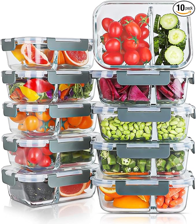 10 Packs 30oz Glass Meal Prep Containers 2 Compartments,Glass Food Storage Containers with Lids,Airtight Lunch Bento Boxes,Microwave,Oven,Freezer and Dishwasher Safe