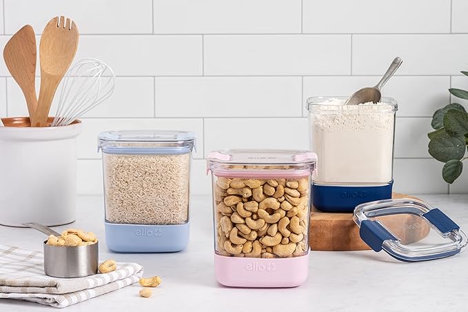 Ello Airtight Food Storage Plastic Canisters with Non-Slip Base Locking Lids and Labels for Kitchen and Pantry Organization Perfect for Sugar, Cerea, Pasta, Dry Food| Set of 3| 6.6 Cup | Cupcake