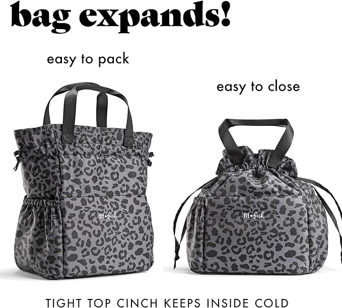 Fit & Fresh Lunch Bag For Women, Insulated Womens Lunch Bag For Work, Stain-Resistant Large Lunch Box For Women With Containers, Cinch Closure Cromwell Bag, Black Cheetah