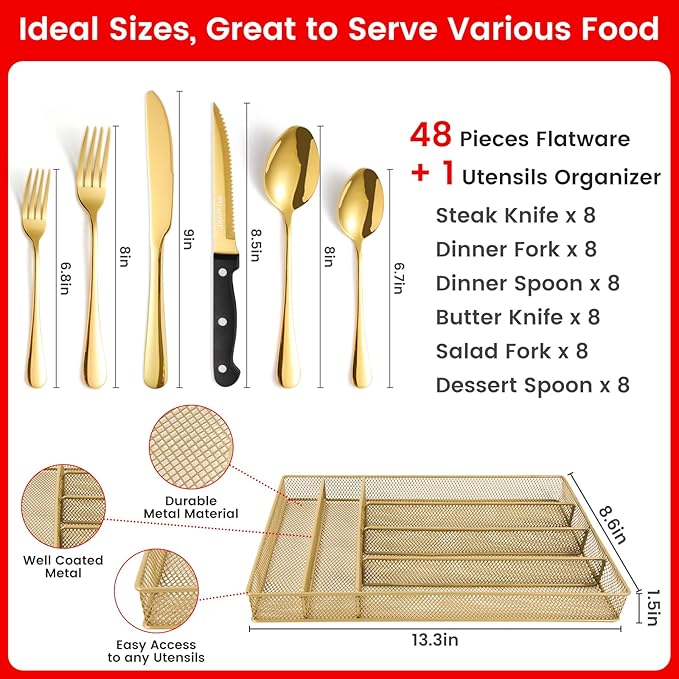 48 pcs Gold Silverware Set with Organizer, Stainless Steel Flatware with Steak Knife for 8, KITWARE Utensil Cutlery with Metal Tray, Home Kitchen Knife Fork Spoon, Mirror Polished