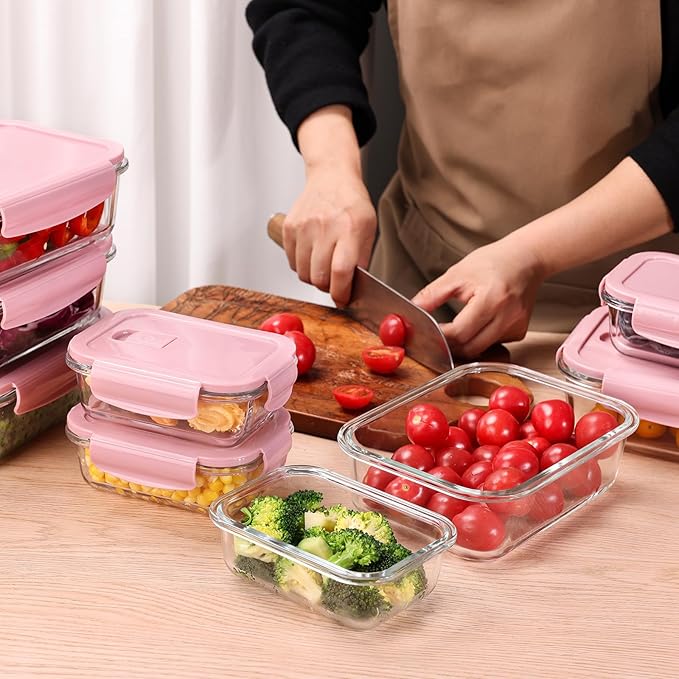 10PCS Glass Food Storage Containers Set with Lids Meal Prep Containers Reusable for Dishwasher Microwave Oven Freezer(10 lids,10 Containers-PINK)