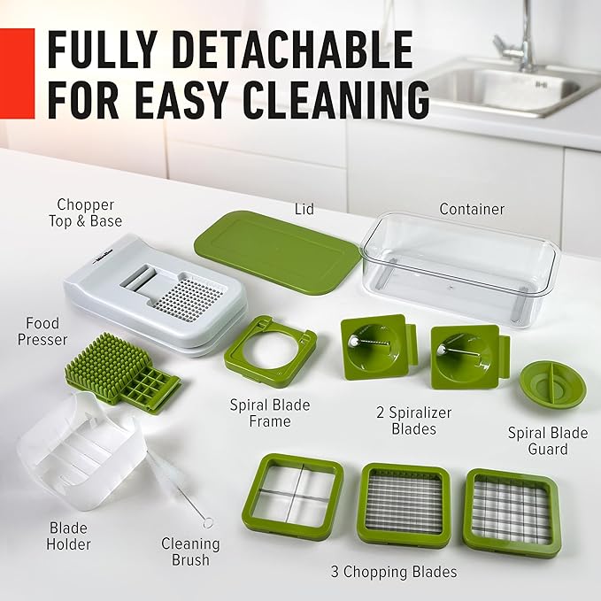 Mueller Pro-Series V Blade Veggie Chopper, Egg Slicer, Spiralizer, Dicer, Cutter, Food Chopper, Gifts for Mom, Kitchen Accessories & Kitchen Essentials with Food Container and Lid White Sand/Green