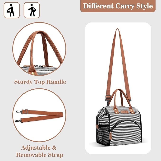 LOKASS Lunch Bag Insulated Lunch Box Wide-Open Lunch Tote Bag with Removable Shoulder Strap for Women/Men Adults Work Picnic Hiking Beach Fishing(Stripes)