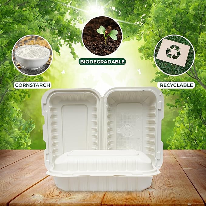 Compostable Food Containers with Lids | Durable, Biodegradable, and Eco-Friendly (50, Rectangular J1)