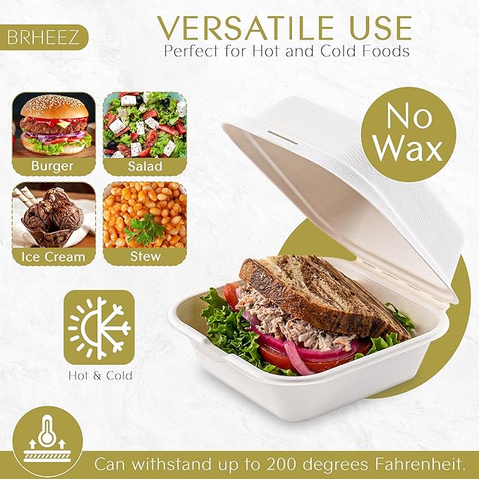 brheez Disposable Clamshell To Go Containers - Bagasse Fiber Biodegradable Containers with Lids for Takeout, Parties, & Holidays - Pack of 50 Chemical-Free, 1-Compartment Boxes, 6"x6", White