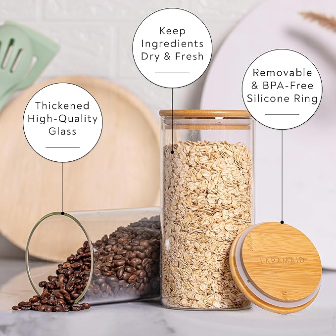 Laramaid Glass Jar Set (2x22oz/2x35oz/2x45oz) Set of 6 with 160 Minimalist Pantry Labels, Round Canister Jars with Bamboo Lids and Transparent Customized Sticker Labels, Food Storage Containers