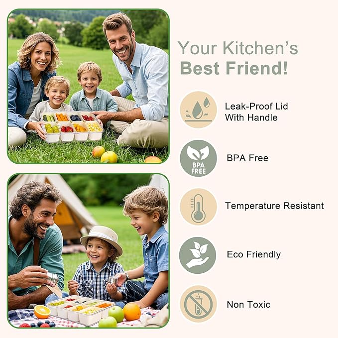 U-QE Dishwasher Safe Snackle Box Container with 8 Small Snacks Box - Premium Ivory Plastic Divided Serving Tray with Lid and Handle for Snack, Veggie, Fruits, Perfect for Party, Picnic, Entertaining