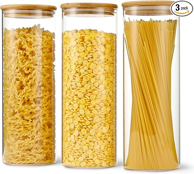 70oz Straight cylindrical Airtight Storage Jars with Bamboo Lid Set of 3 Storage Container Glass Jars, Kitchen Canister for Noodles, Pasta and Coffee beans (with Black Lable)