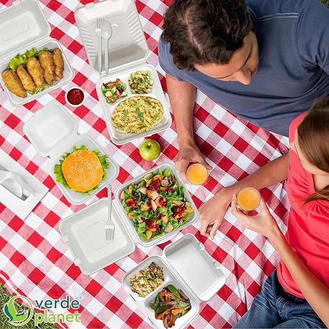 Verde Planet Clamshell Take Out Containers - 100% Natural Bagasse Sugarcane Fiber - Disposable Food Containers with Hinge Lids - Heavy-Duty To Go Boxes for Food - (6" X 6", 1-Compartment, 50-Pack)
