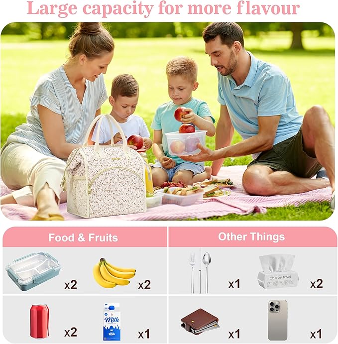 LOKASS Insulated Lunch Bag Women- Reusable 10 L Lunch Box for Women - Leakproof Tote Cooler Bag for Adults Work, Beach, Travel, Picnic (White Small Florals)
