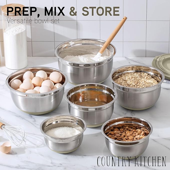 Country Kitchen Mixing Bowls with Airtight Lids - 12 piece Stainless Steel Metal Nesting Storage Bowls, Non-Slip Bottoms (Khaki)