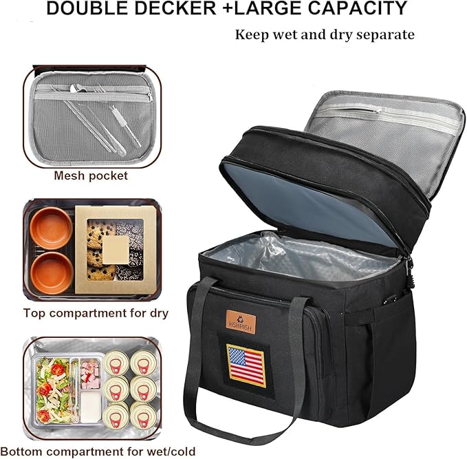 HSHRISH Double Deck Tactical Lunch Box, Large Expandable Insulated Lunch Bag, Durable Waterproof Leakproof Cooler Bag with Flag for Adults/Men/Work Outdoor Trips, 20 Cans/15 L, Black