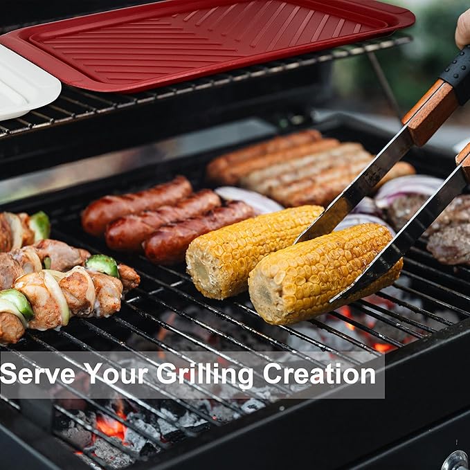 KAQAHIDO Grilling Prep and Serve Trays, BBQ Platter for Raw Meat Marinating and Finished Cooked Food, Melamine Serving Tray, Set of 2, Cleaning Pack Included