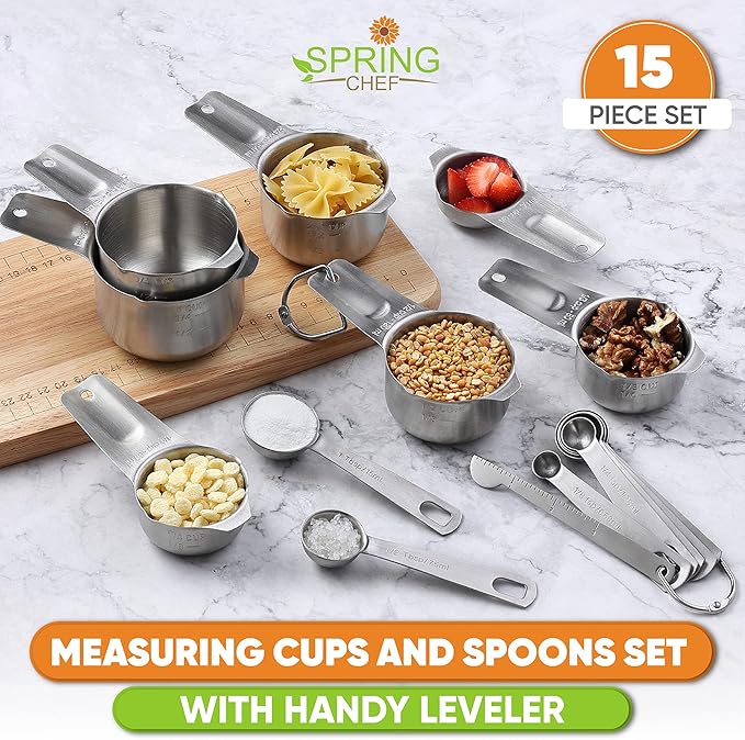 Spring Chef Premium Swivel Vegetable Peeler, Black & Stainless Steel Measuring Cups and Spoons Set, Round, Set of 15-2 Product Bundle