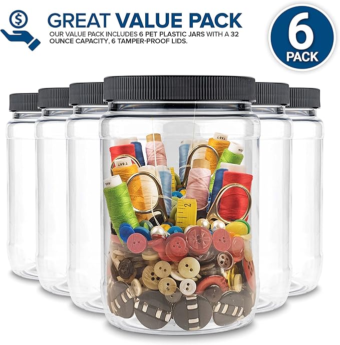 Stock Your Home 32 oz Plastic Jars (6 Pack) - BPA Free Plastic Mason Jars for Kitchen - Pantry Jars with Airtight Lids for Storing Rice, Pasta, Coffee, Grains, Candy, Cookies