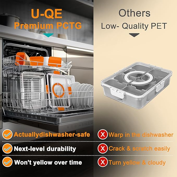 U-QE Dishwasher Safe Snackle Box Container with 8 Small Snacks Box - Premium Orange Plastic Divided Serving Tray with Lid and Handle for Snack, Veggie, Fruits, Perfect for Party, Picnic,Entertaining