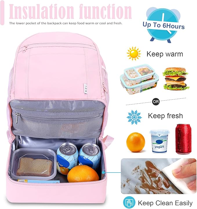 NOL Natural Organic Lifestyle Kids 2-in-1 Backpack & Insulated Lunch Bag - 16" Multi-Functional Large Compartments Backpack for School & Travel, Double Deck, Water Resistant, Leak-proof, Padded (Pink)
