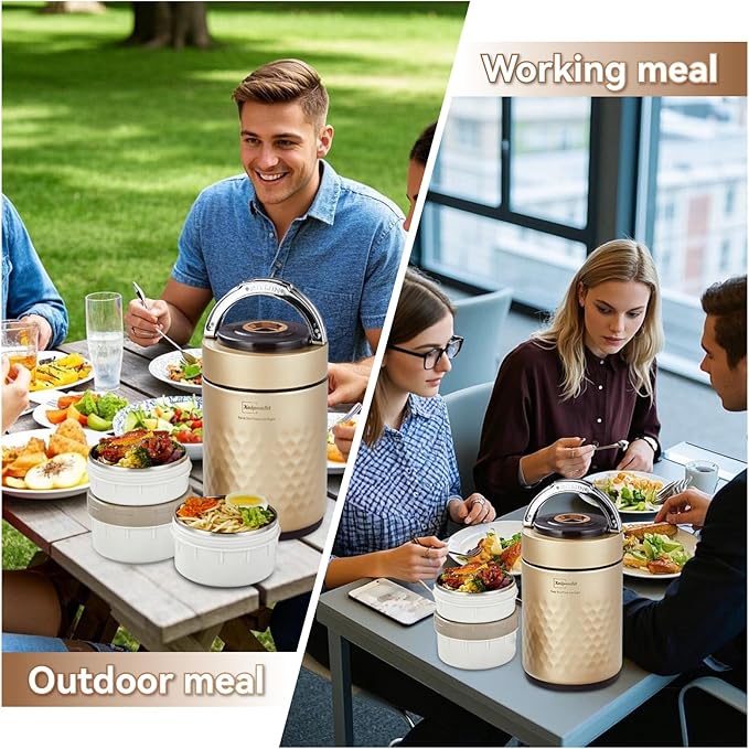 67 ozAdults Stainless Steel Vacuum Insulated Wide Mouth Soup Food Thermos Hot Food Jar with Keep Thermal Portable 3 Tier Stackable Bento Hot Food Containers Lunch Boxes (Gold)