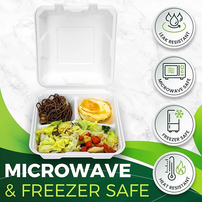 75 Pack Clamshell To Go Containers (3 Compartment - 8”x8”), Heavy Duty Disposable Take Out Containers with Lids, 100% Composatble Made of Plant Fiber, White