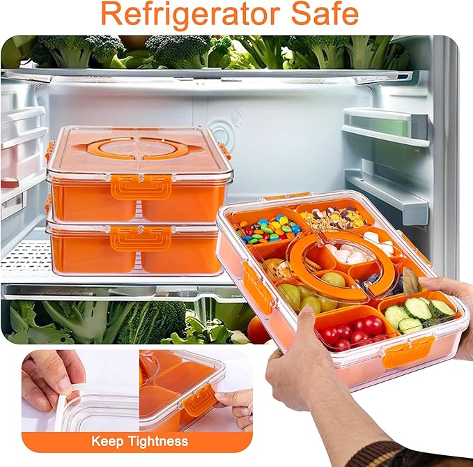 U-QE Dishwasher Safe Snackle Box Container with 8 Small Snacks Box - Premium Orange Plastic Divided Serving Tray with Lid and Handle for Snack, Veggie, Fruits, Perfect for Party, Picnic,Entertaining