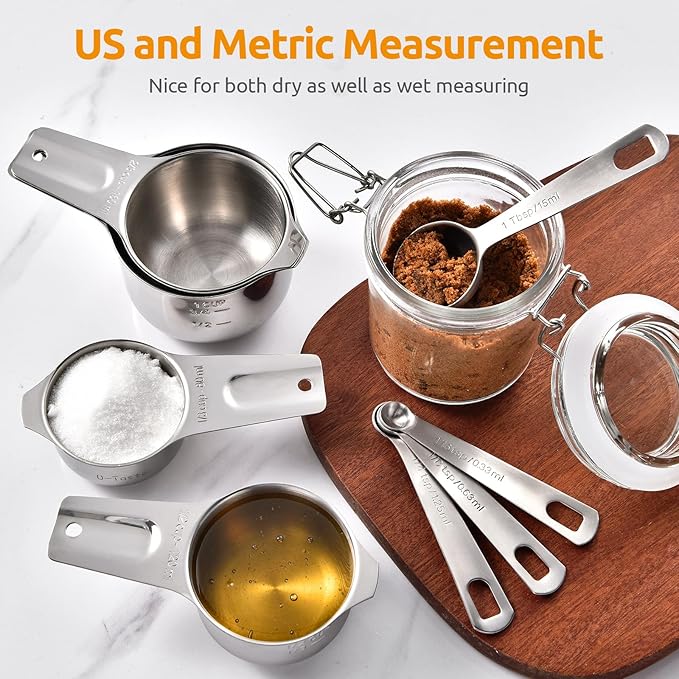 Measuring Cups and Spoons 12 Pieces: U-Taste 18/8 Stainless Steel Kitchen Metal Measure Gadgets, Heavy Duty Stackable Portion Teaspoon Tablespoon Scoop for Baking Cooking Dry & Liquid Food Ingredient