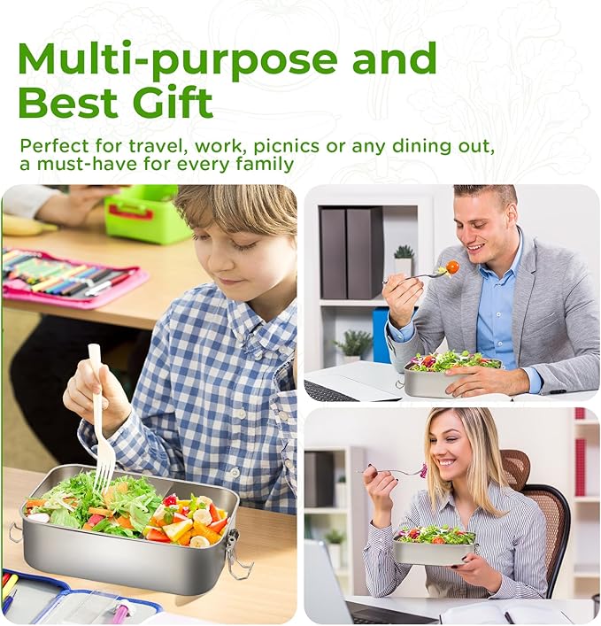 LEEPENK 304 Stainless Steel Lunch Box and Food Containers with Lids 2 Pack 1400/850ml Leak-Proof Adjustable Compartment Metal Bento Box for Travel Work Picnic Adults